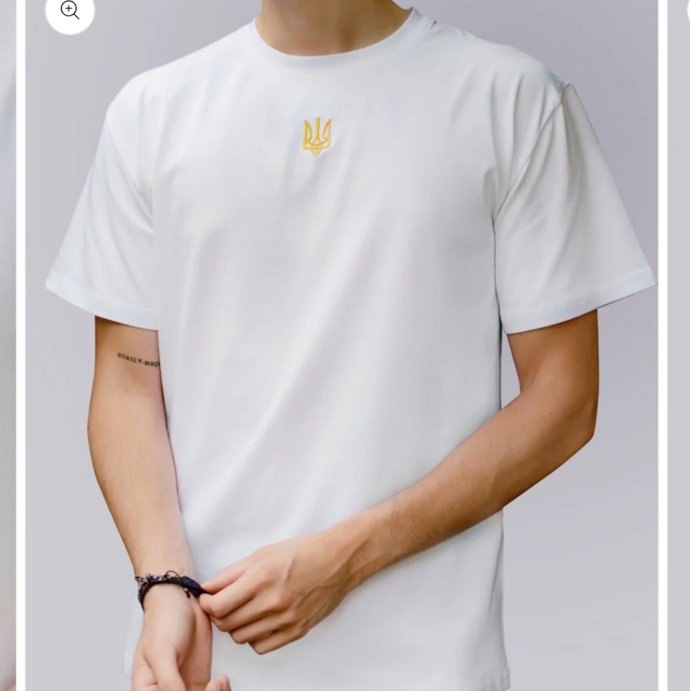 KateLab UKRAINE T-shirt w/ embroidered trident (tryzub), White/Gold, Size S/M